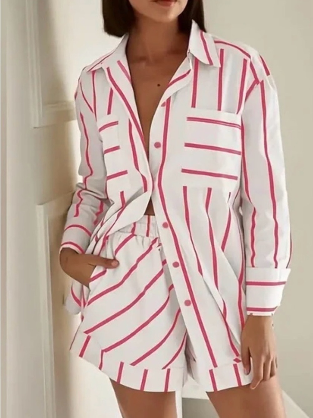 Women's Pink Stripe Shirt & Shorts Set